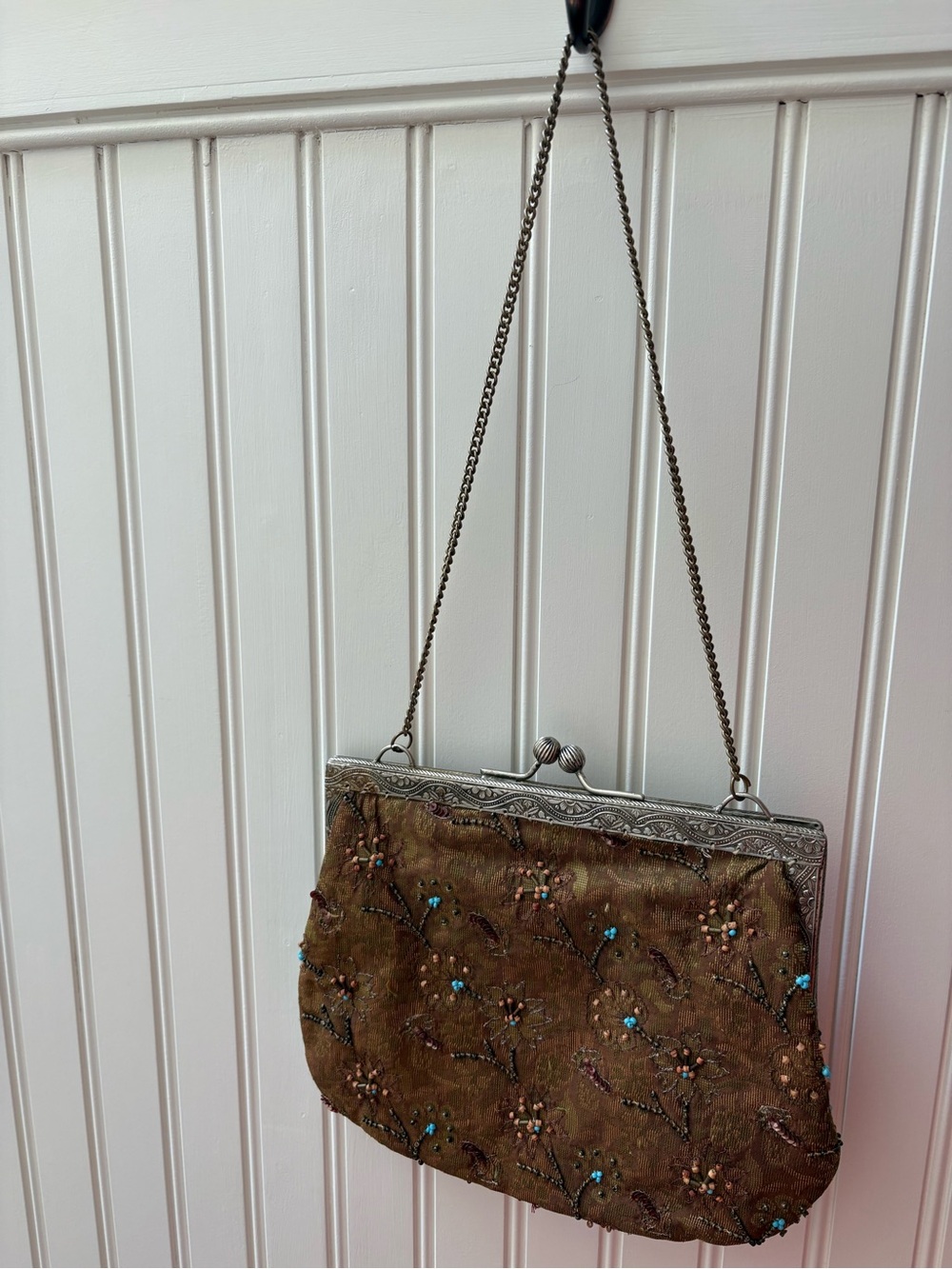 Beaded Brown Floral Evening/Day Bag with Silver Embossed Frame by Christiana